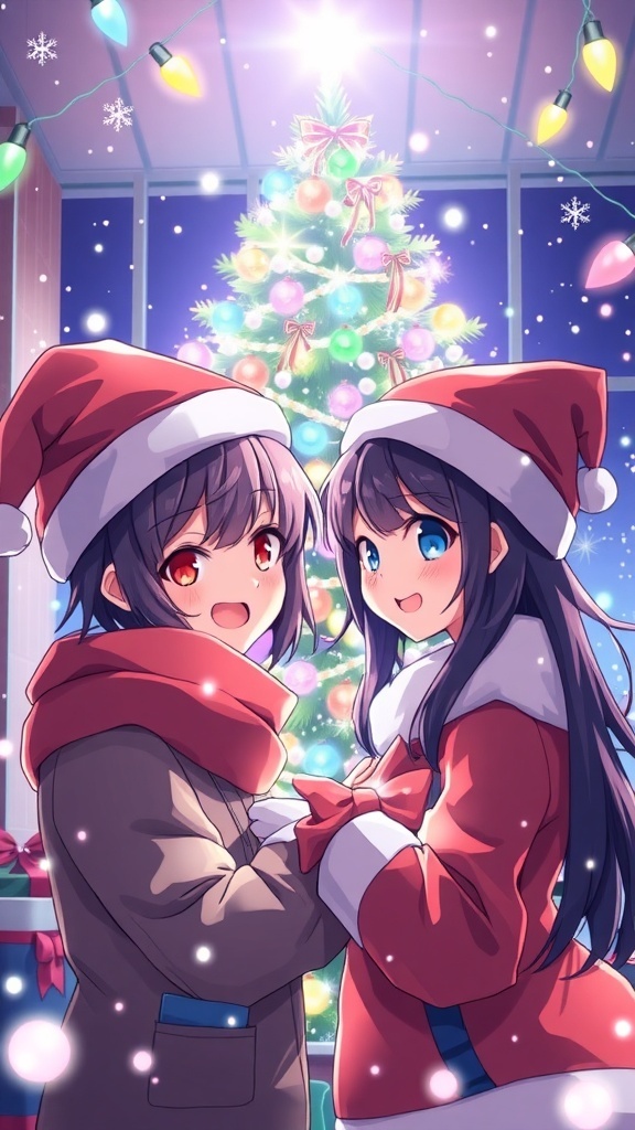 Anime Christmas Profile Picture for Two People Anime Christmas profile picture featuring two characters in Santa hats with Christmas decorations.